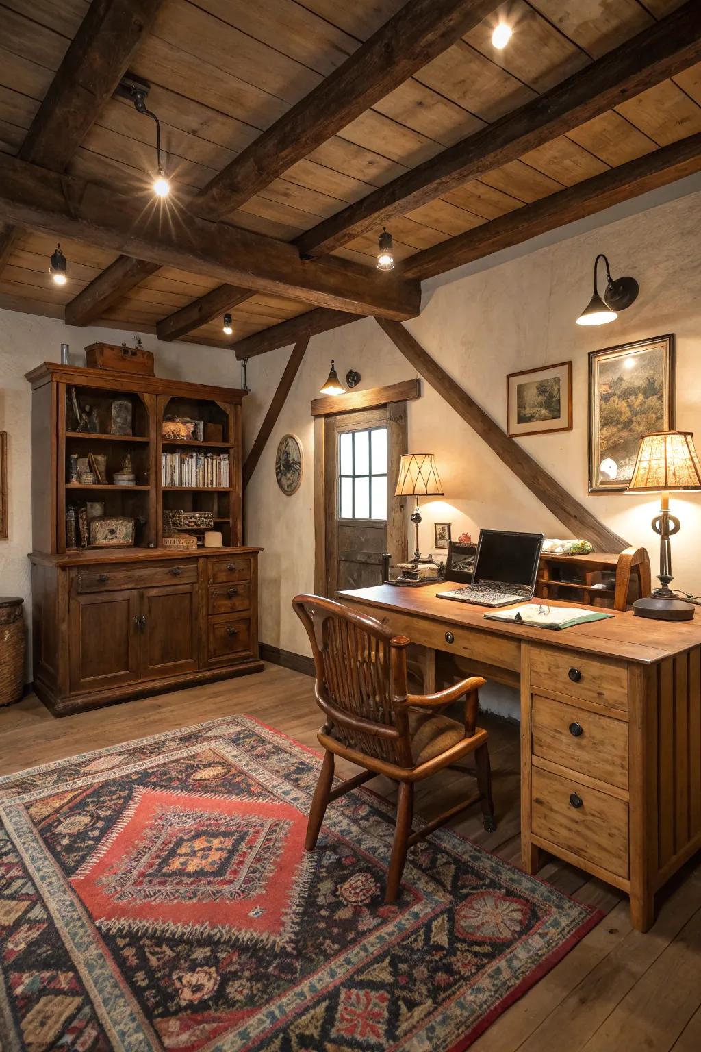 A vintage rug adds warmth and character to a rustic office.