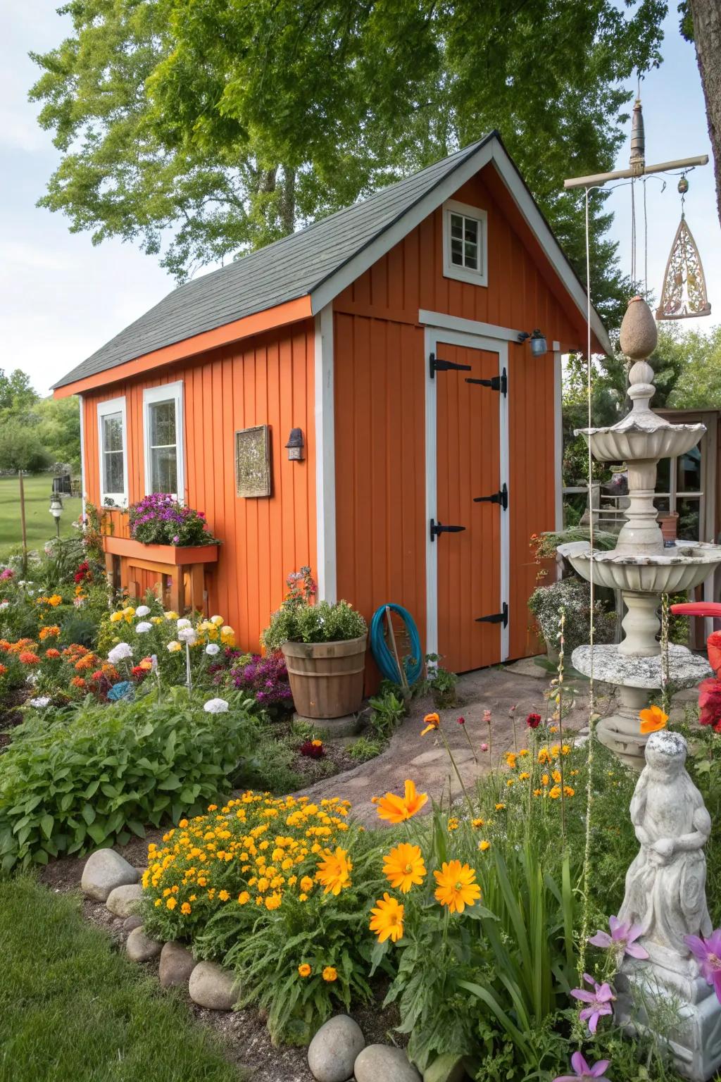 Vibrant orange sheds bring a burst of vitality and joy to any garden.