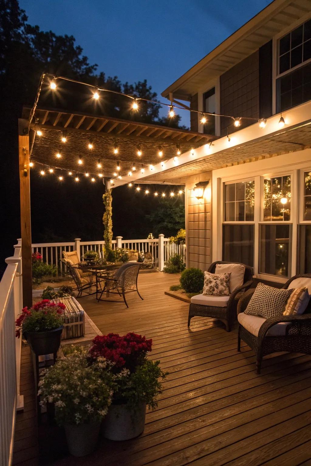 Twinkle lights add a magical touch to the deck's evening ambiance.