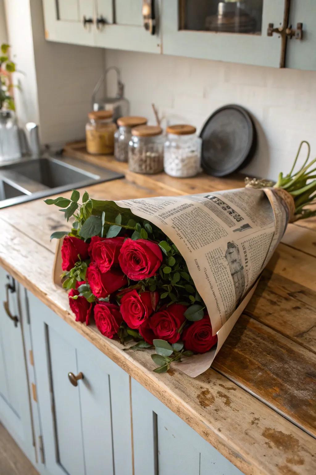 An eco-friendly arrangement wrapped in reclaimed print paper.