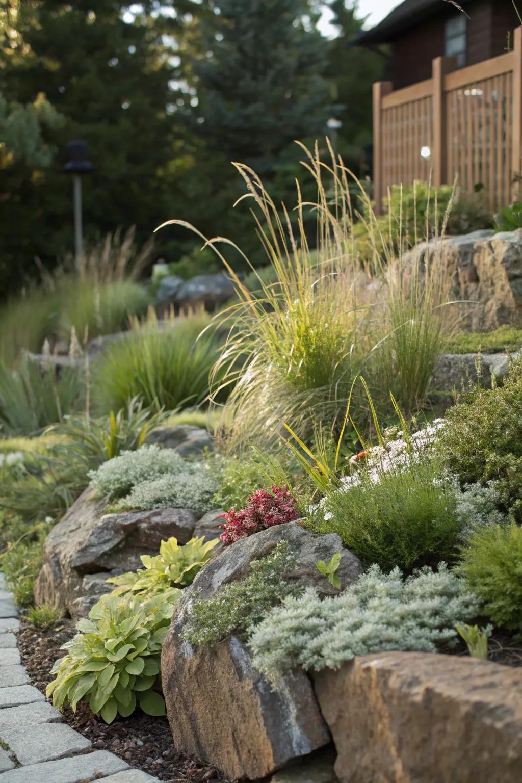 Layered plant heights add depth to this rock garden.