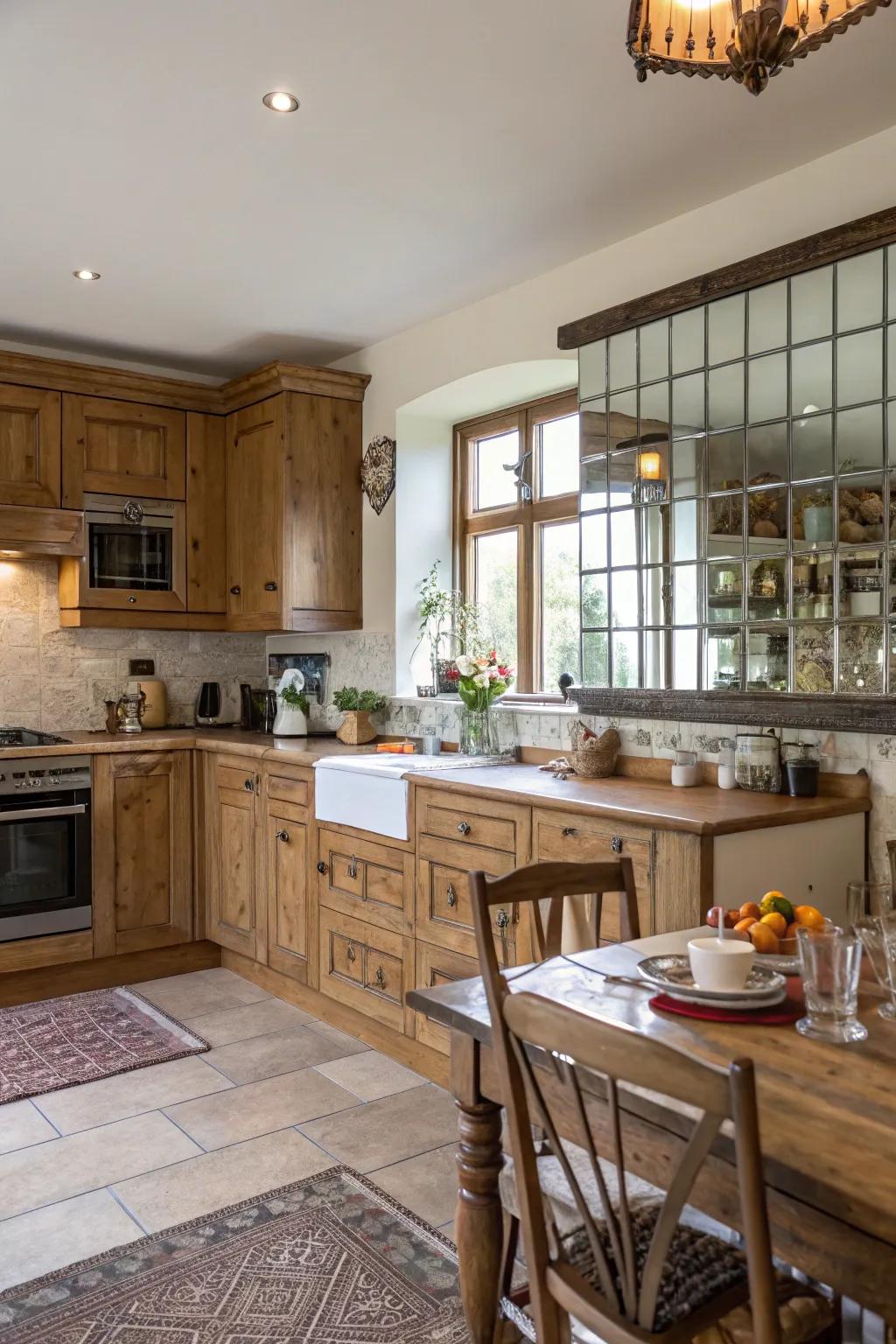 Mirrored backsplashes create the illusion of a larger space.