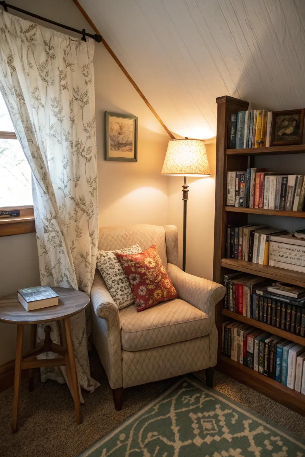 A reading nook transforms a den into a cozy retreat.