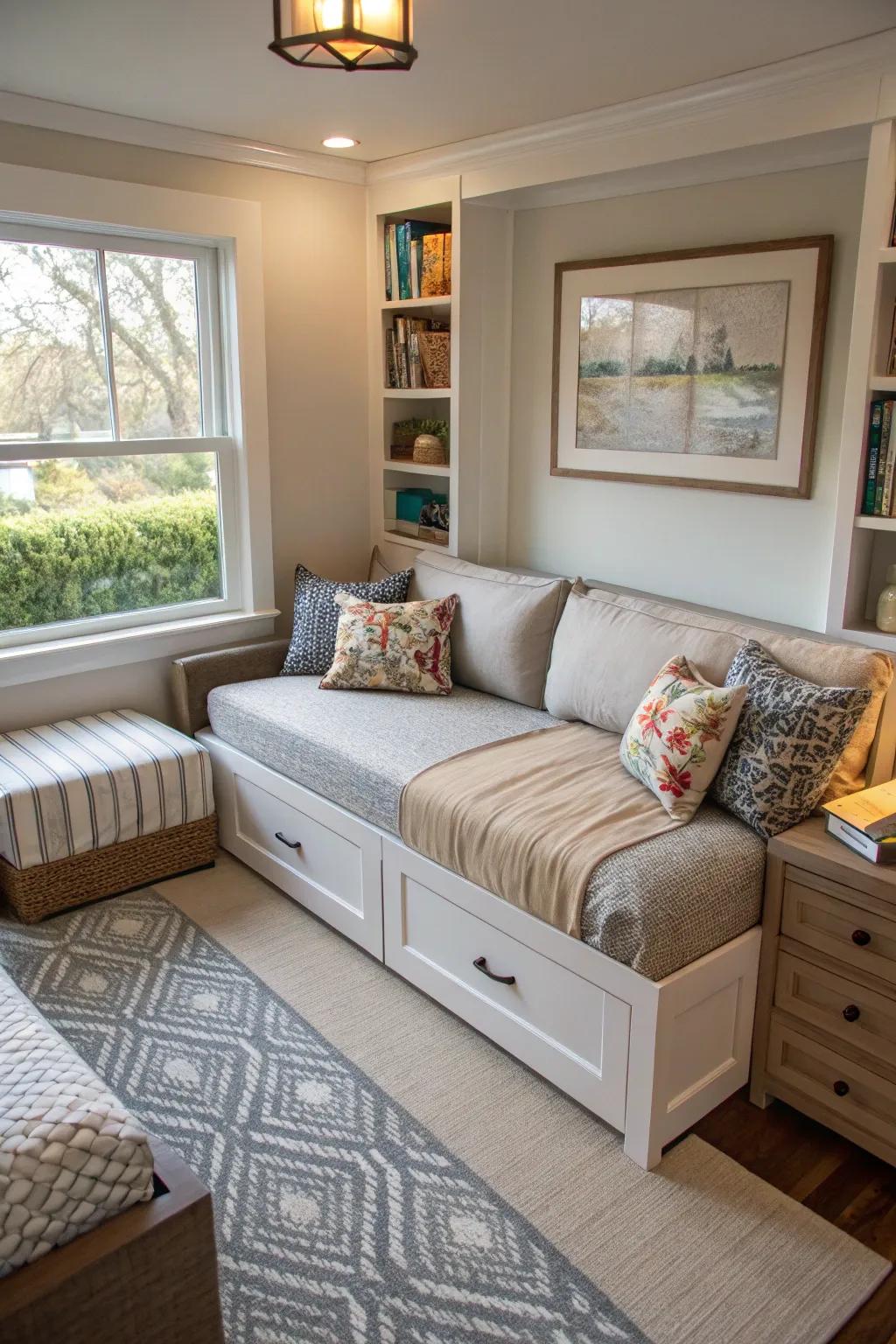 Multi-use furniture maximizes function in a small den.