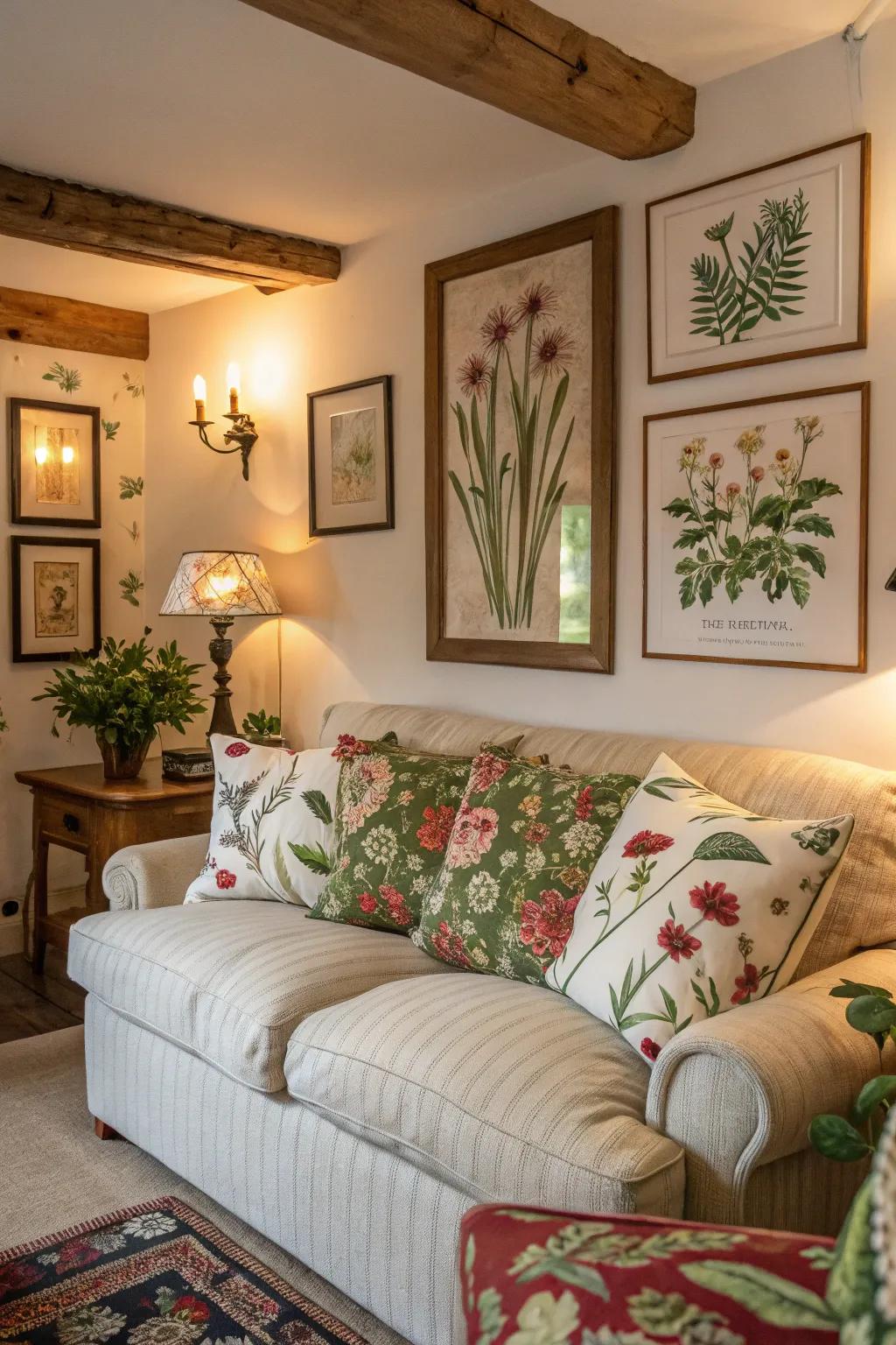 Botanical prints bring nature's touch to this cozy living room.