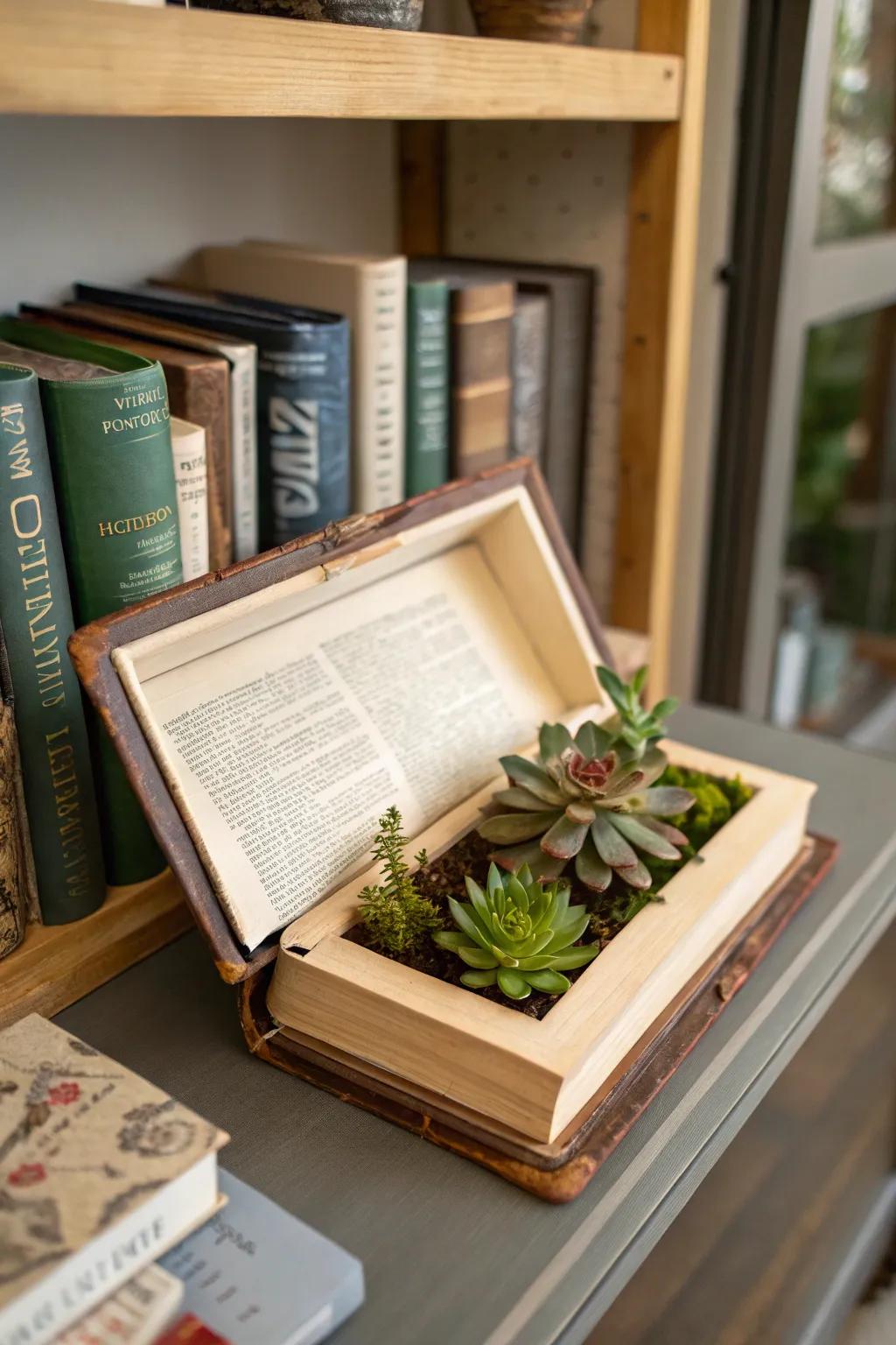 A book planter combines literature with botanical beauty.