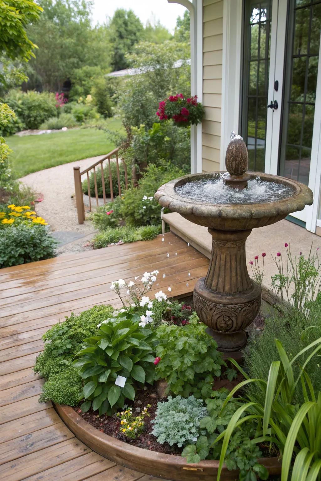 A water feature enhances the tranquility of the space.