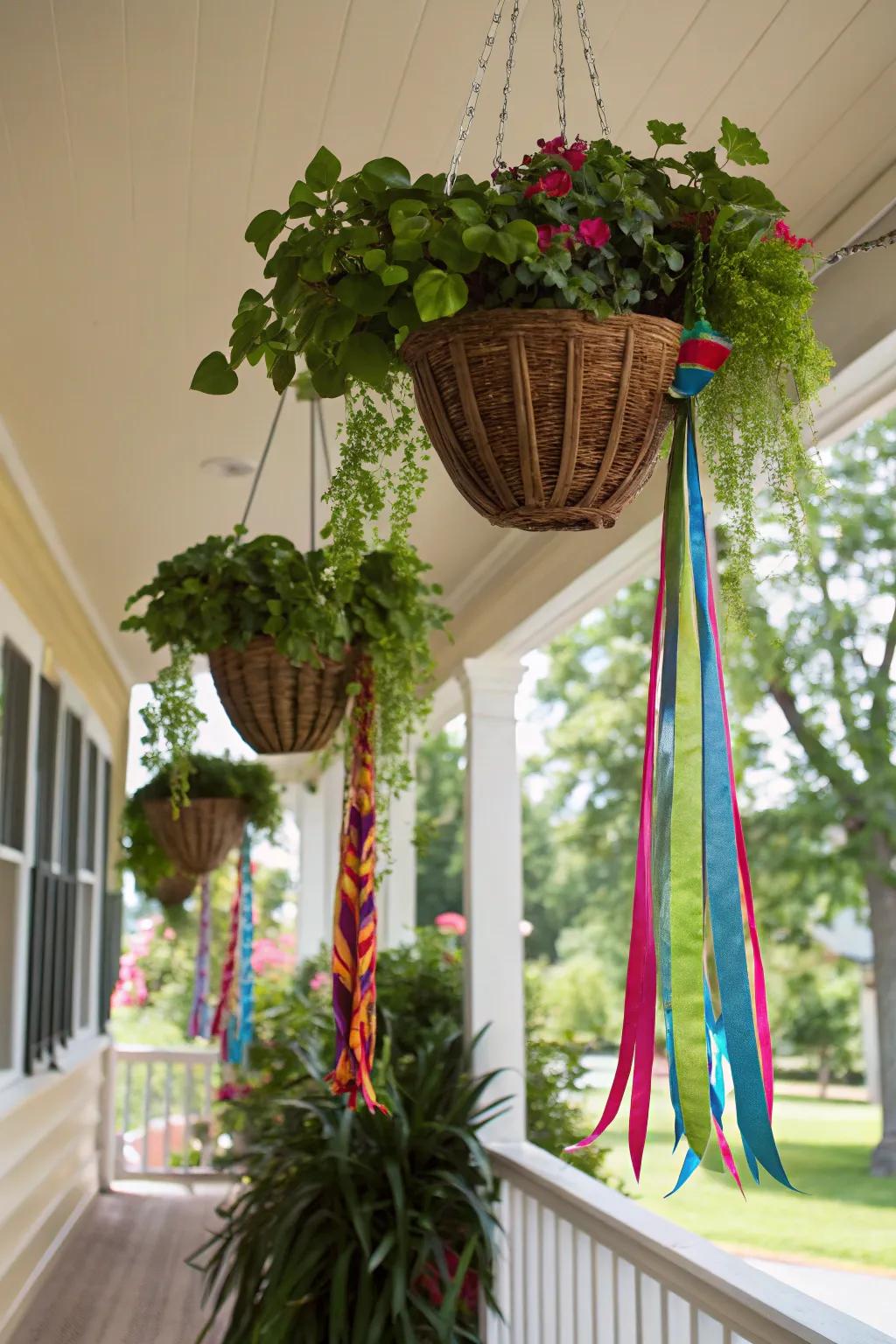 Hanging baskets add festive vertical decor.