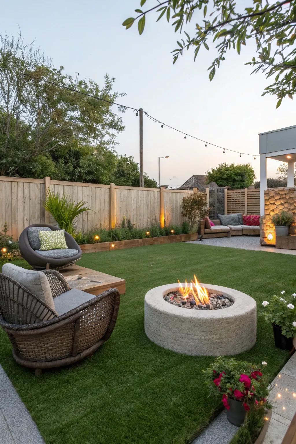 An inviting fire pit area encircled by artificial turf.