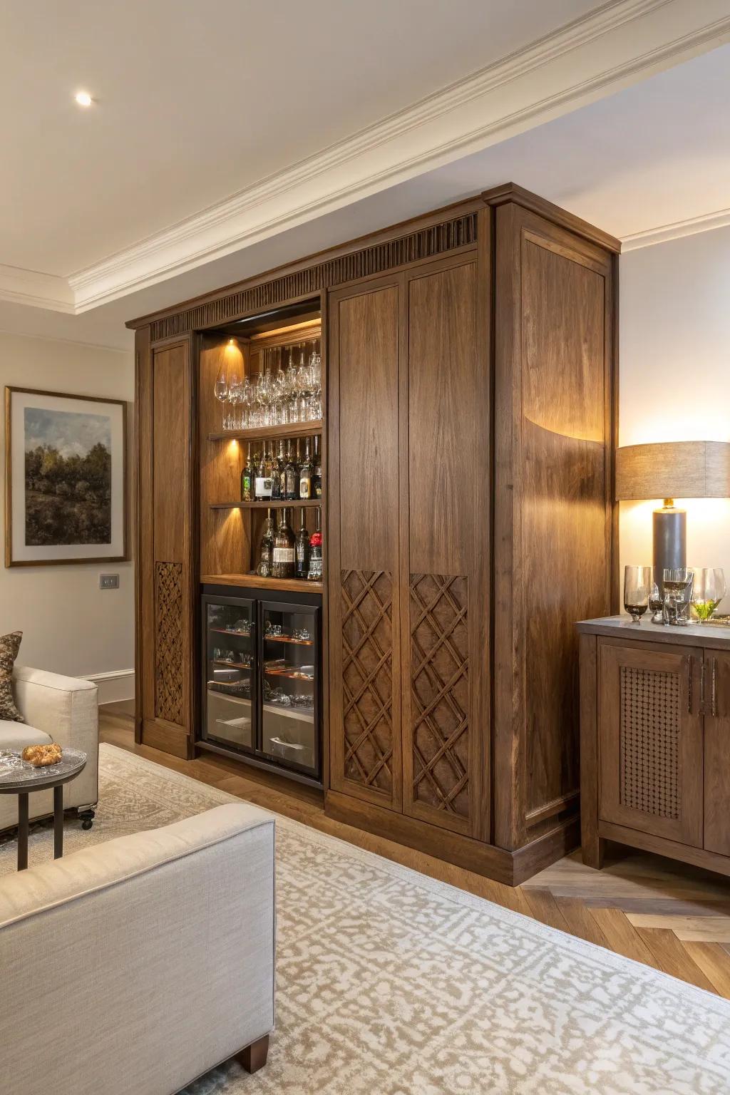 Your space will remain tidy and elegant with a hidden bar cabinet.
