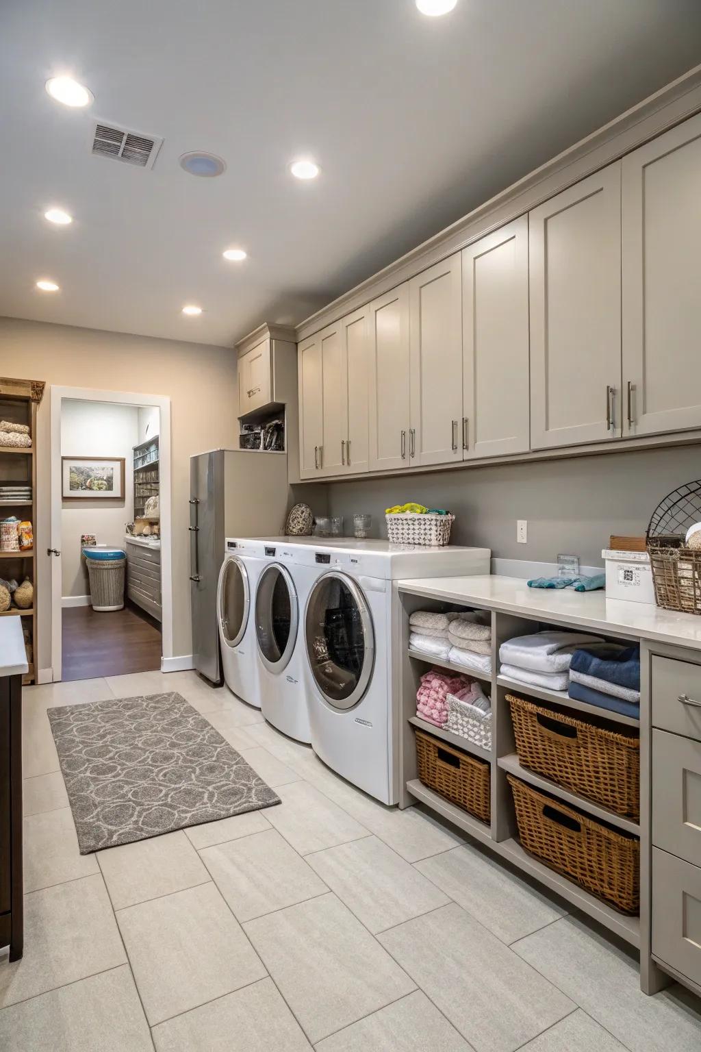 A kitchen and laundry area designed for efficient task flow.