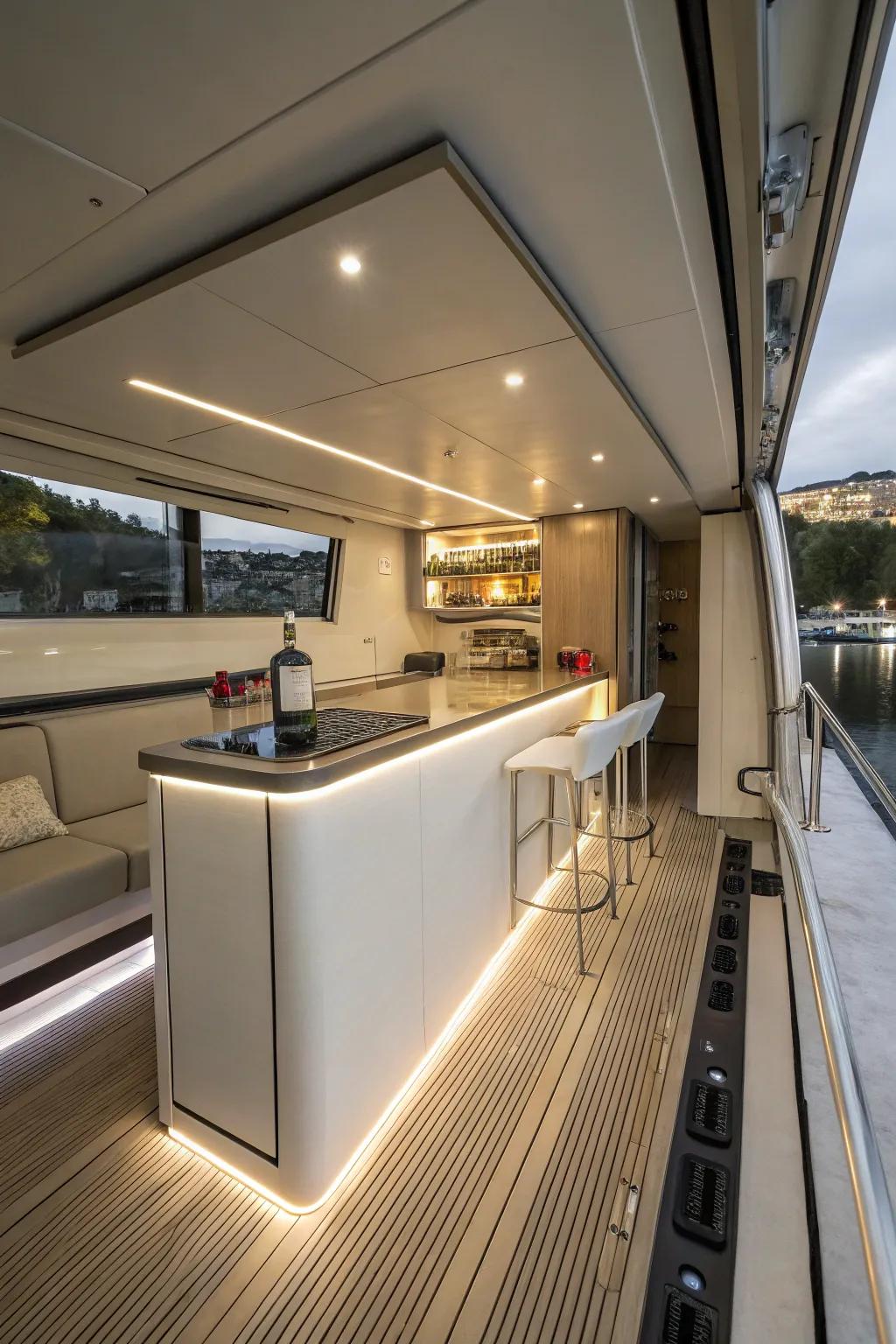 A modern floating kitchen bar in a narrow space.