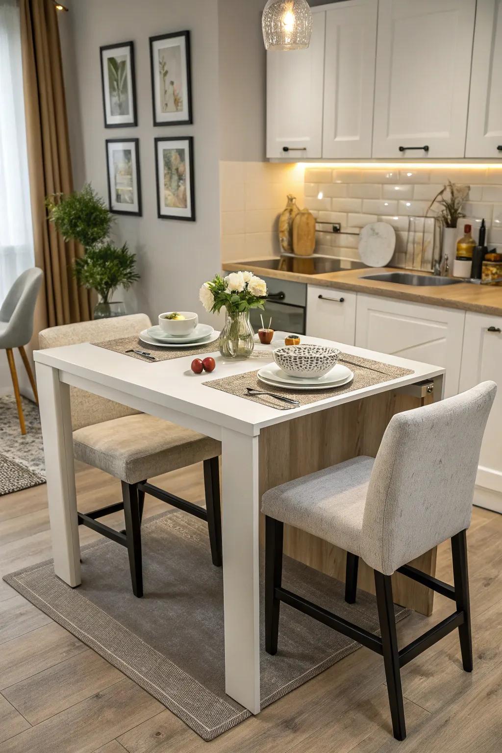 A convertible console table for flexible dining solutions.