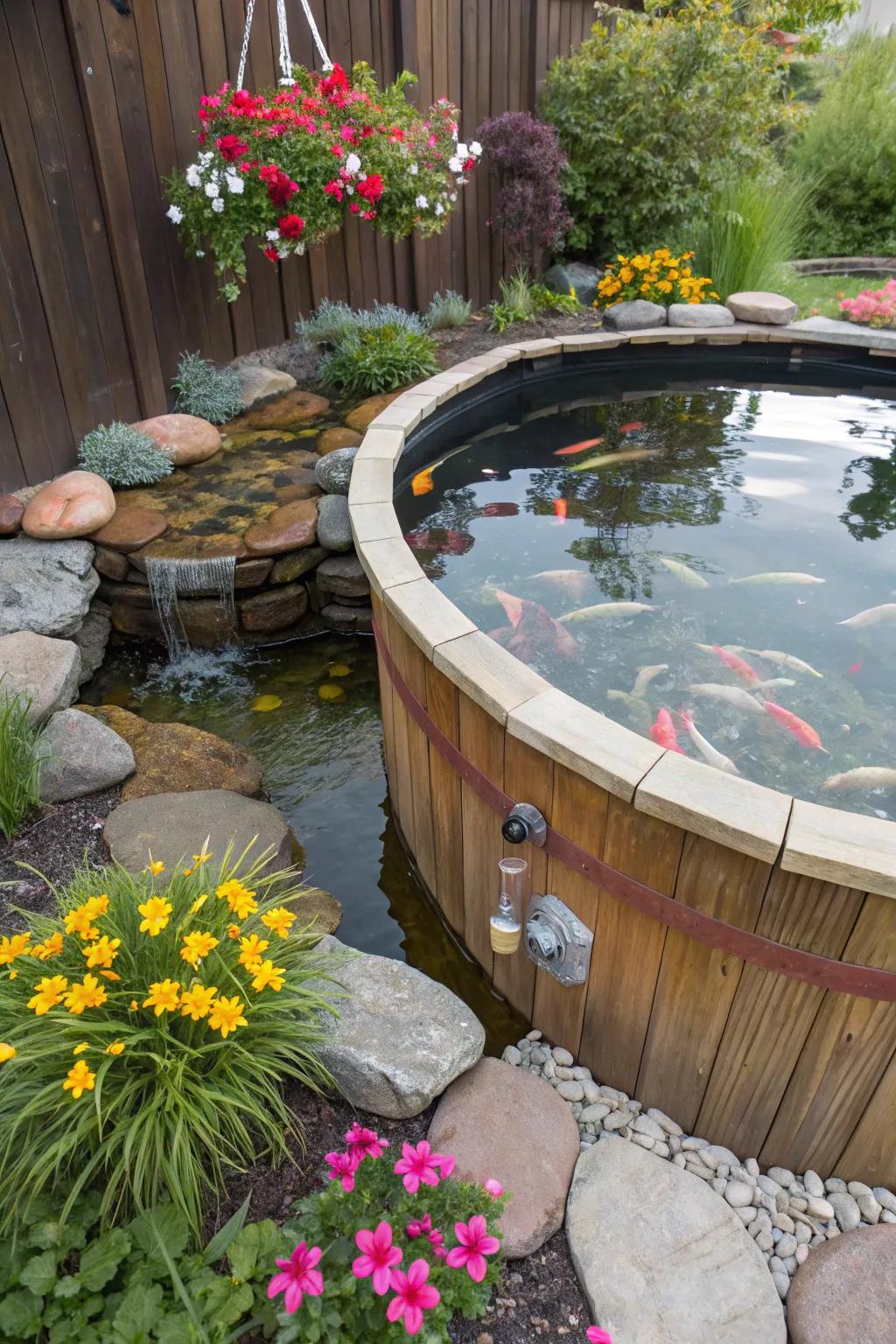 A fun koi pond made from a changed hot tub.