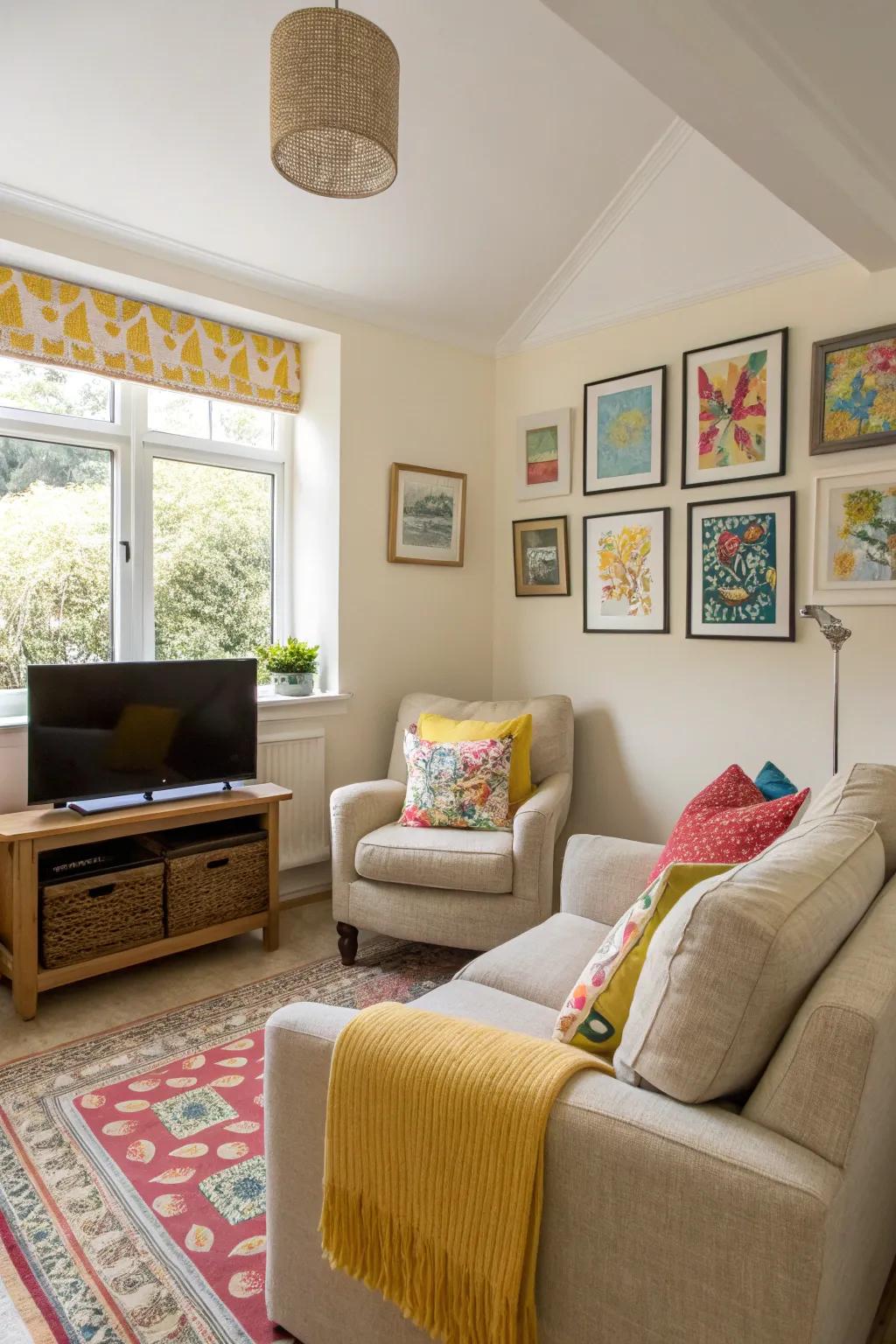 Positioning the TV in a corner maximizes space and enhances layout flexibility.