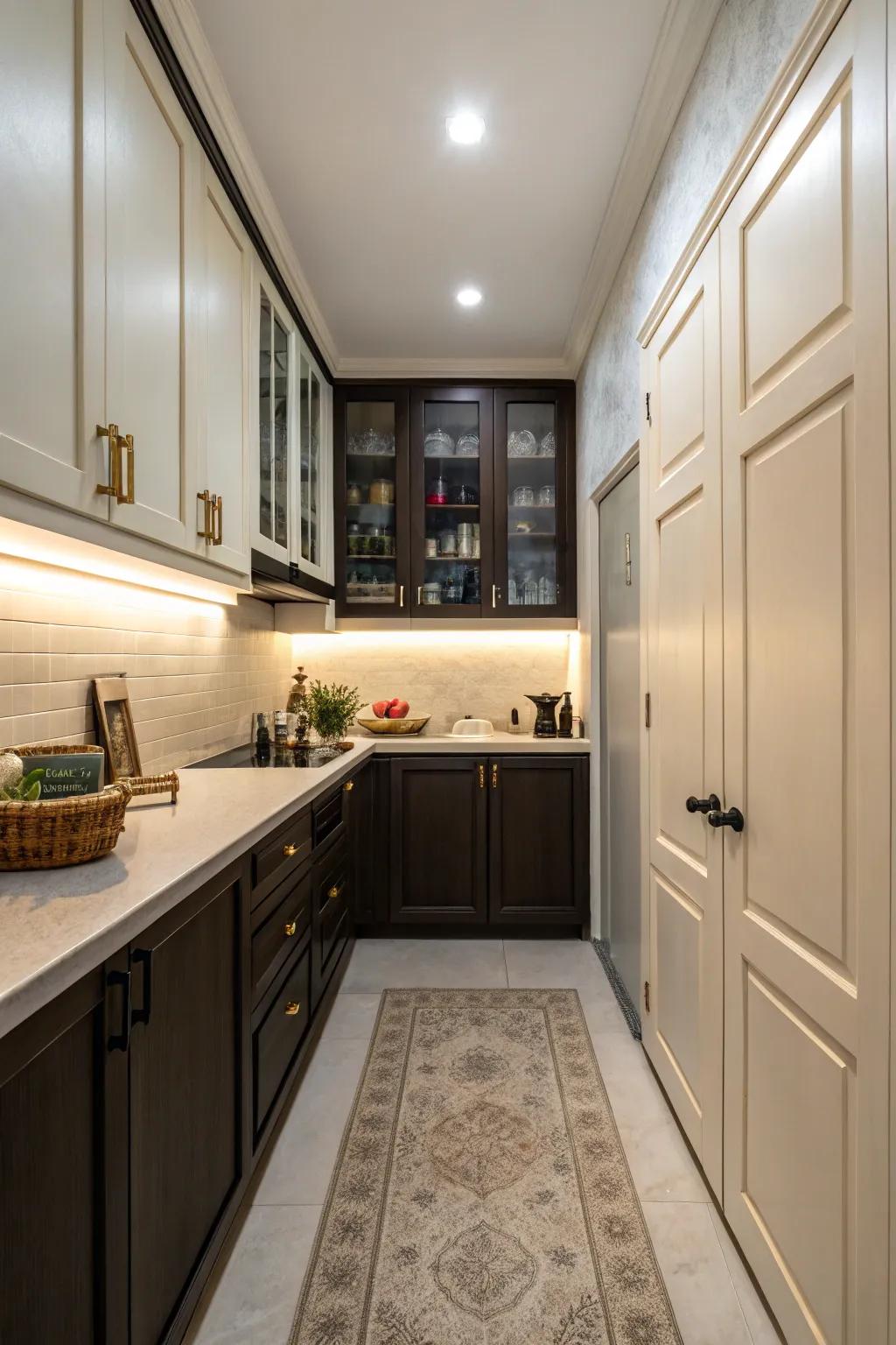 Two-toned cabinets infuse visual intrigue and depth.