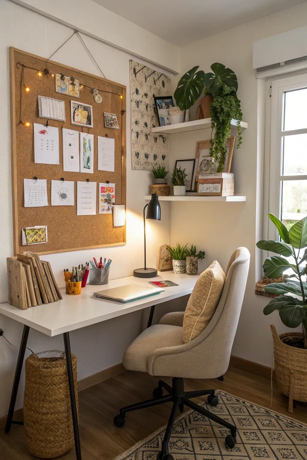 A wall featuring a pinboard for a functional and stylish office.