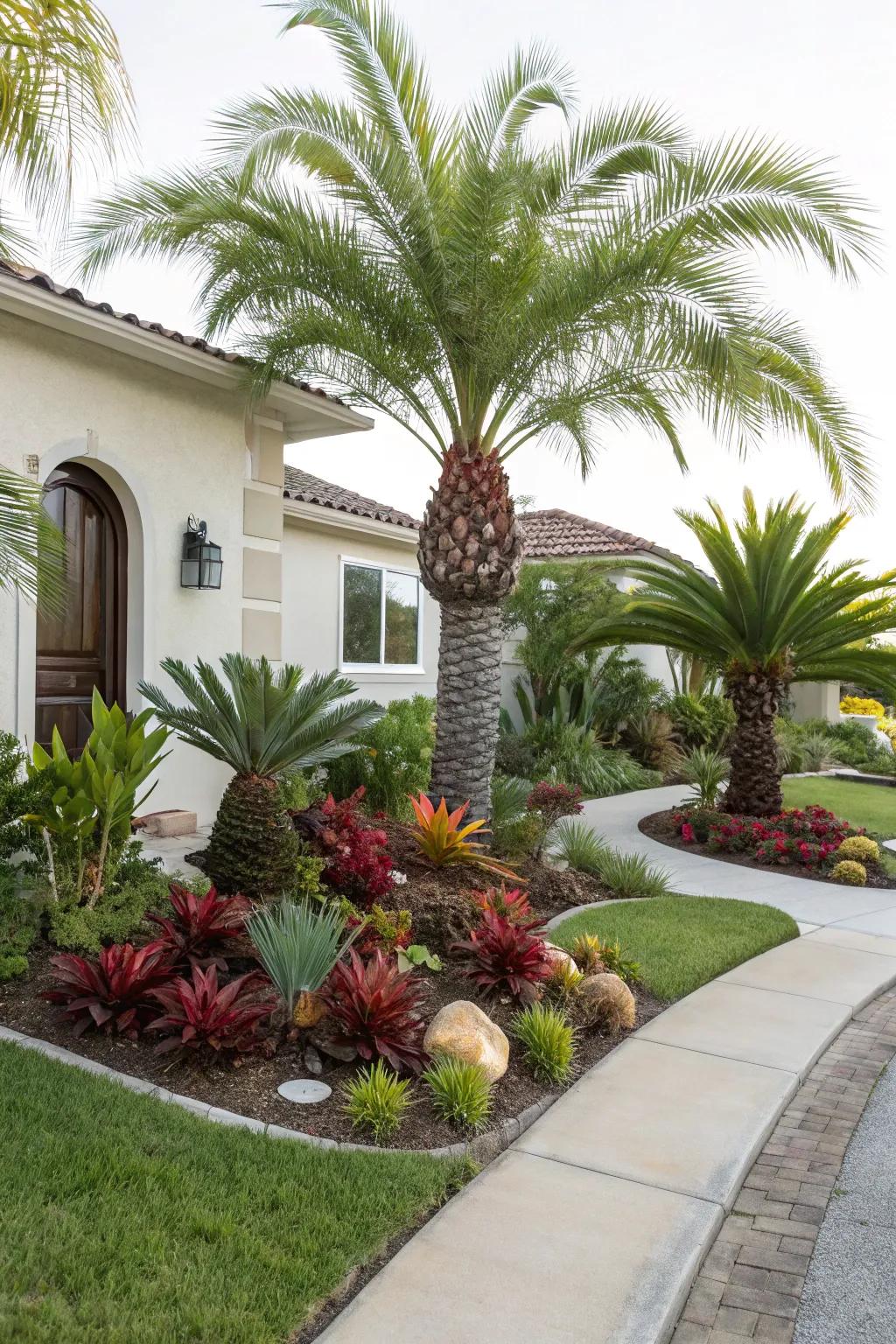 Succulents and palms form a low-maintenance, beautiful garden.