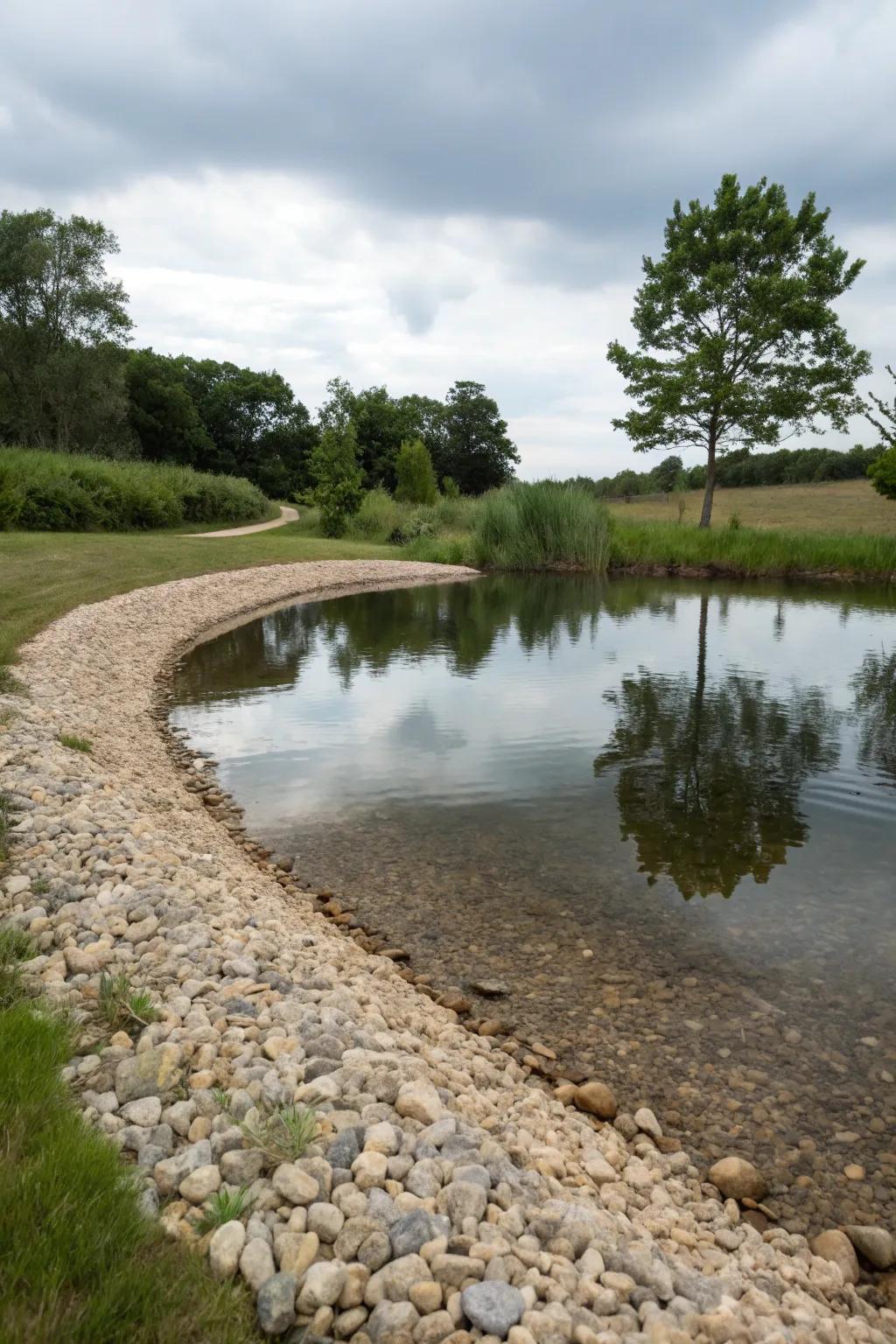 A smooth stone area provides a natural and welcoming pond edge.