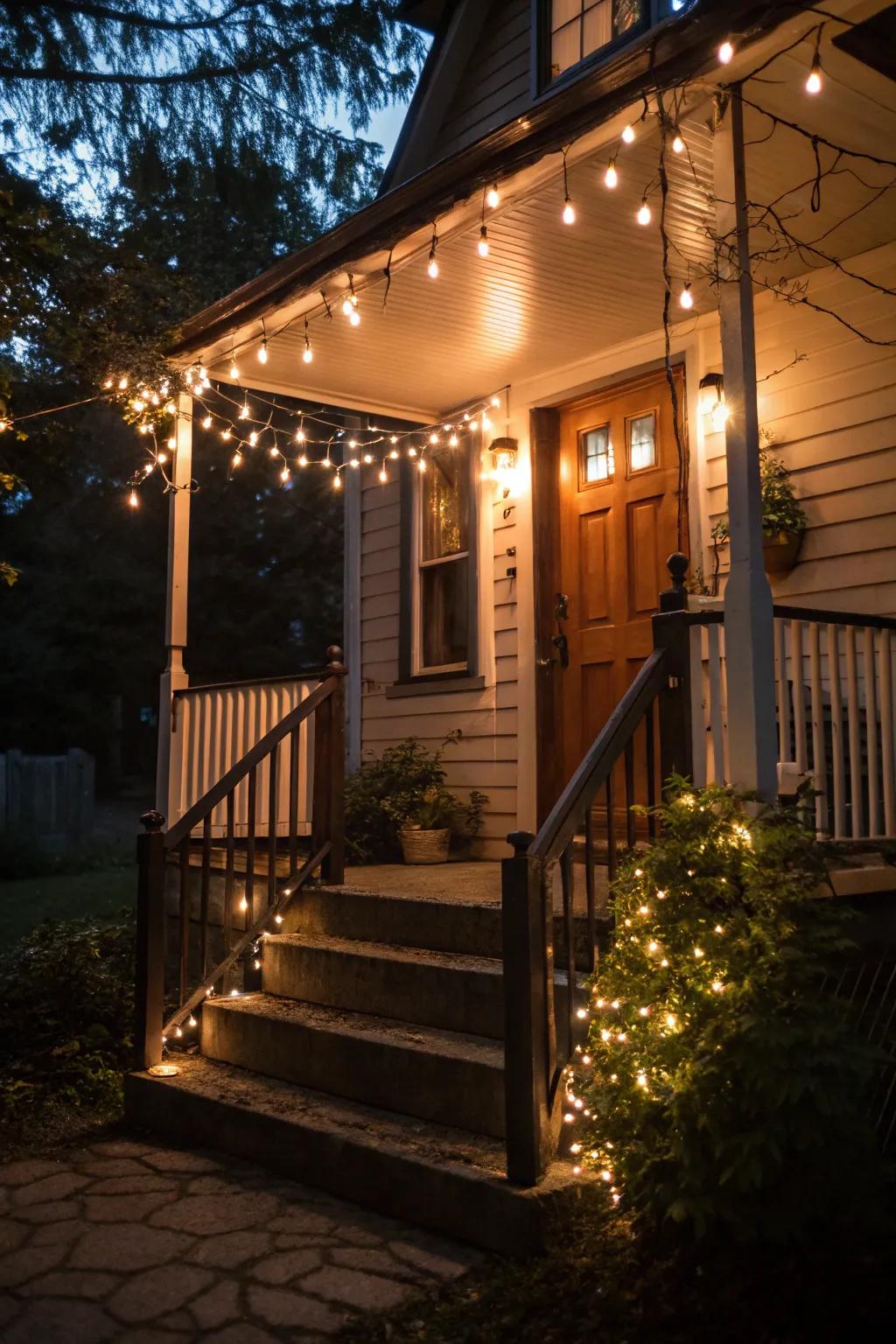 String lights add enchantment, enhancing your evening porch moments.