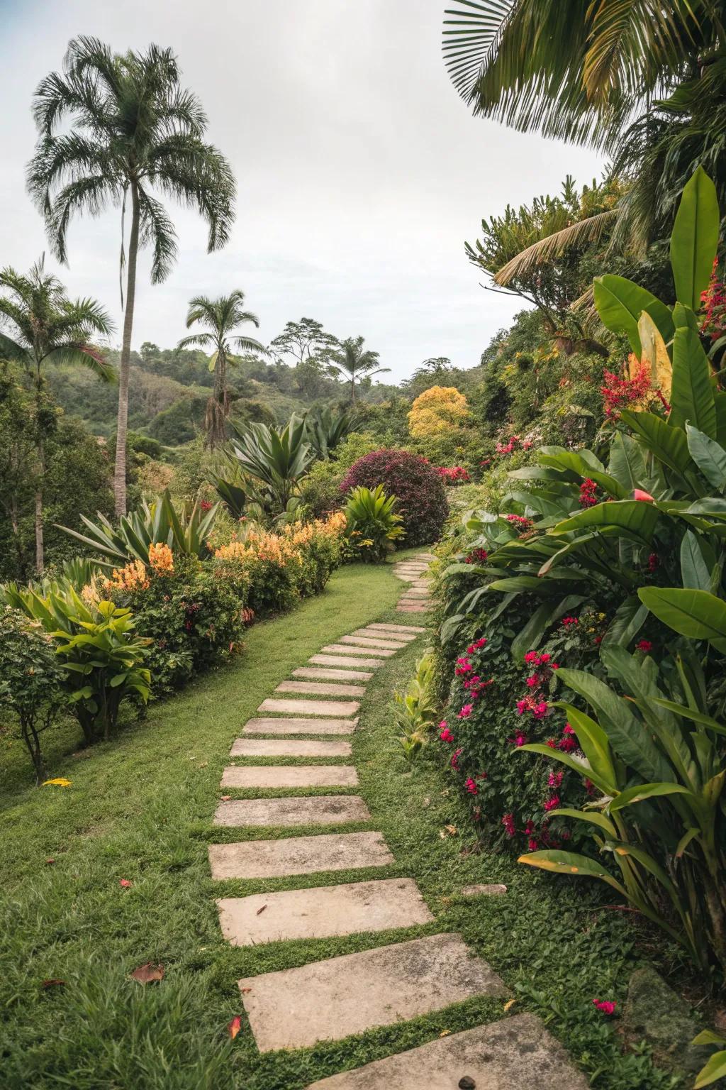 Footing tiles conjure a whimsical trail through the tropical botanicals.