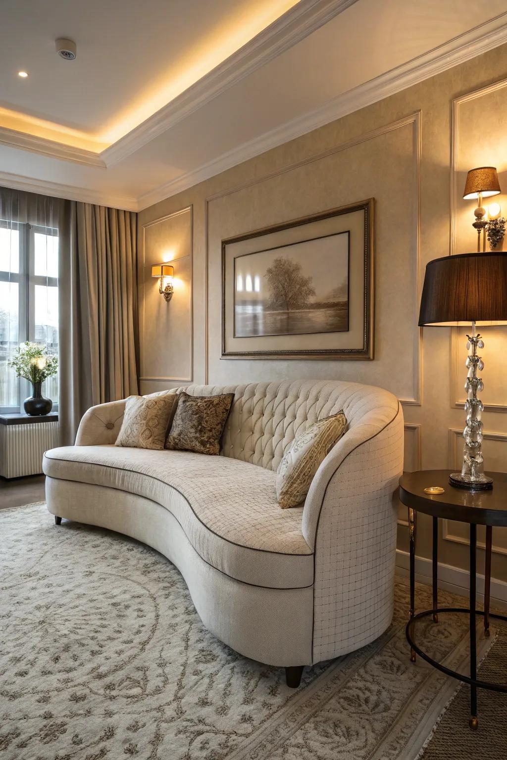 A curved sofa softens the angles in a small living room.