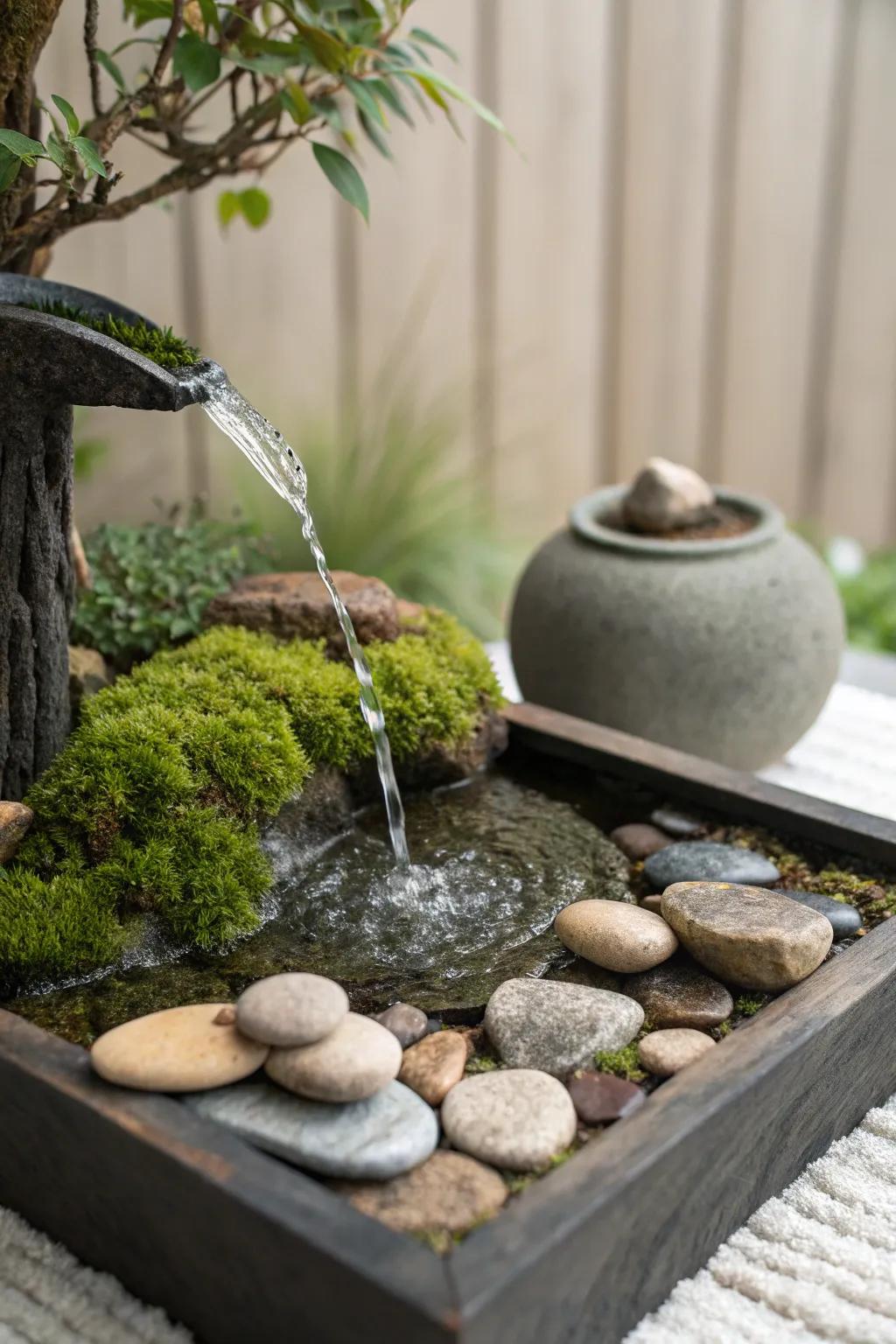 A tranquil miniature Zen garden complemented by a solar fountain.