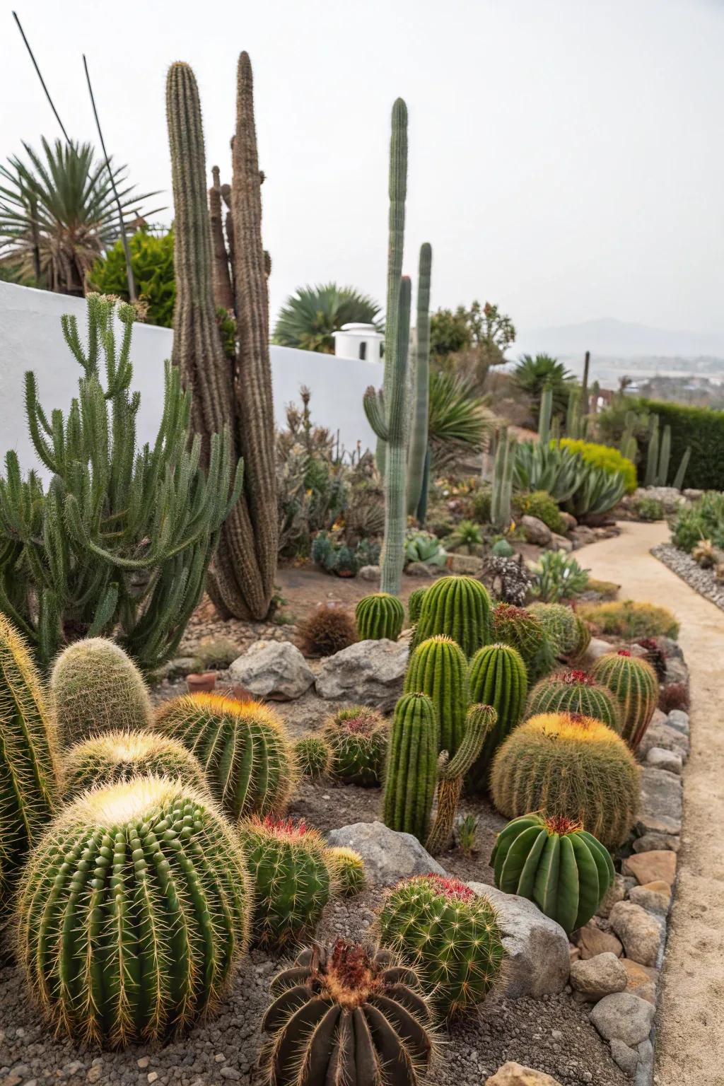A cactus garden oasis featuring a variety of striking cacti.
