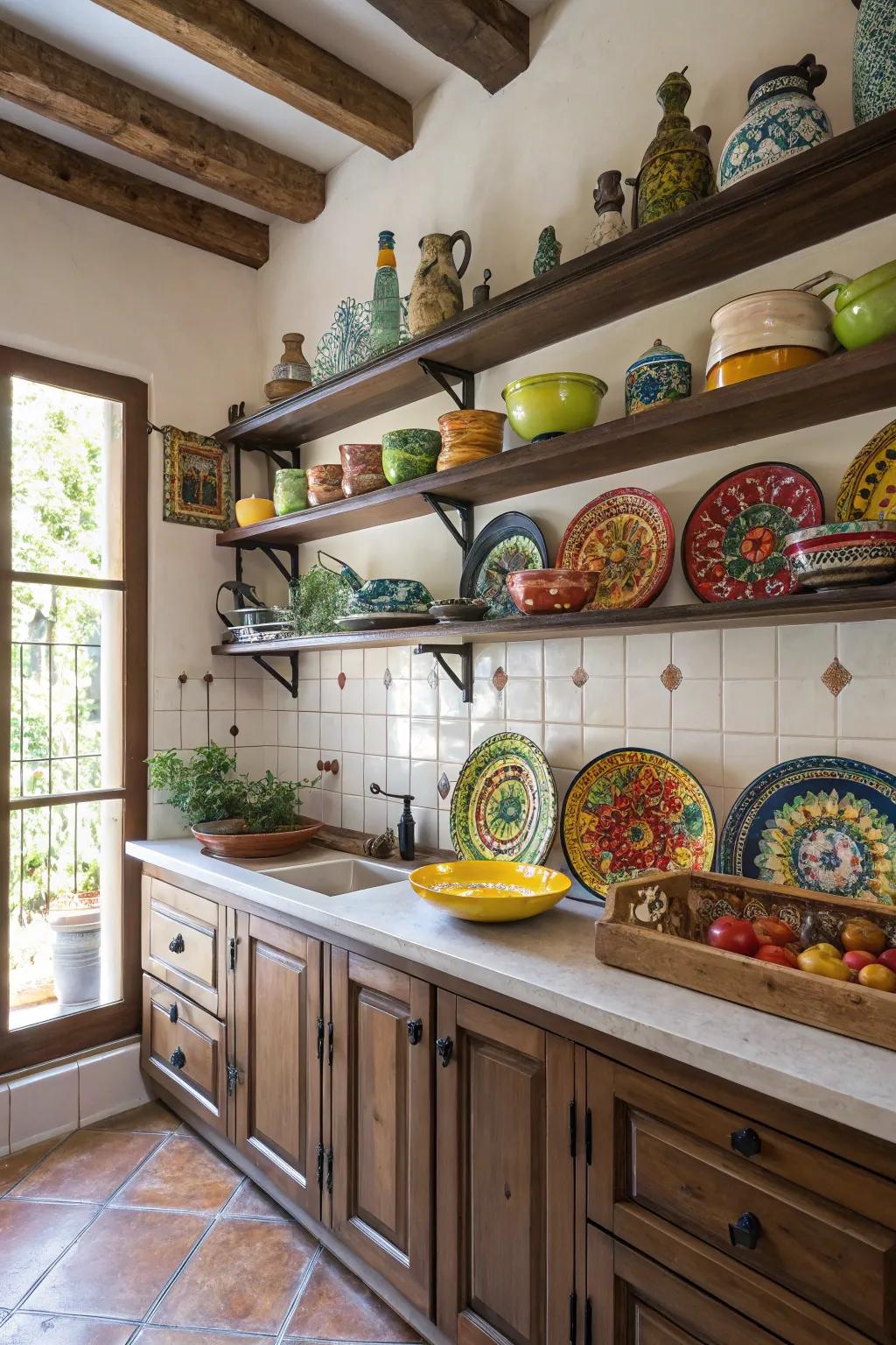 Spanish pottery adds color and cultural richness to the kitchen.