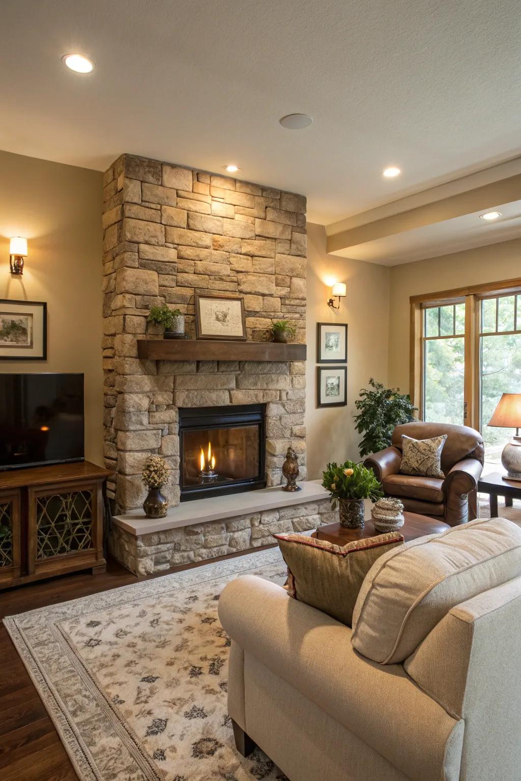 Soft hues create a tranquil environment around the fireplace.