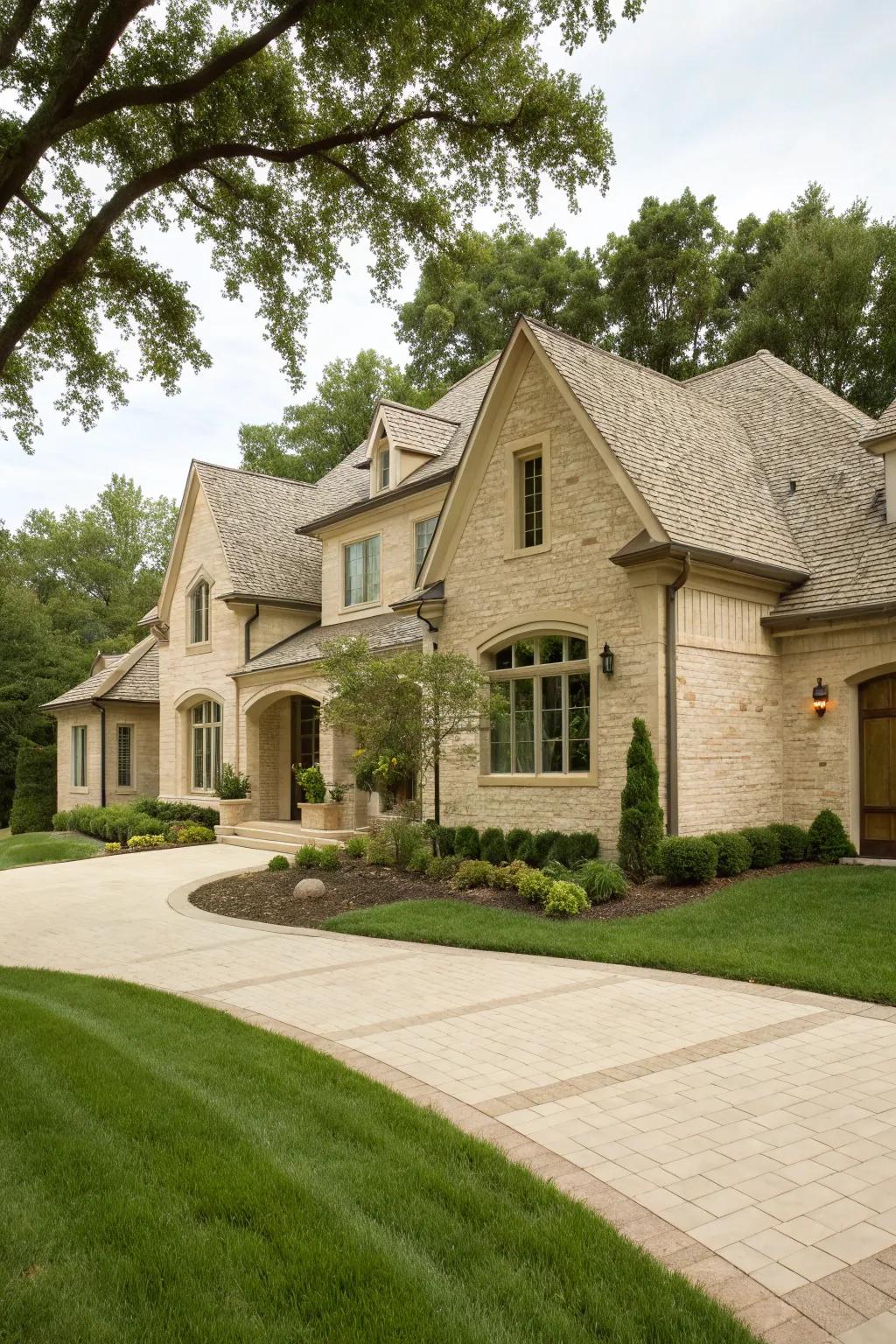 Subtle elegance with cream brick and travertine.