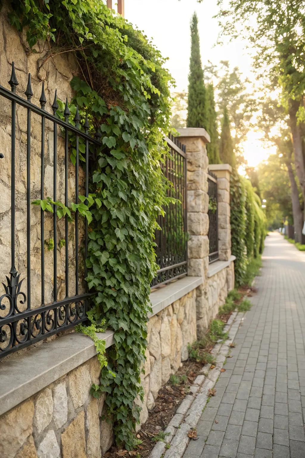 A living wall with climbing plants on a stone and iron fence.