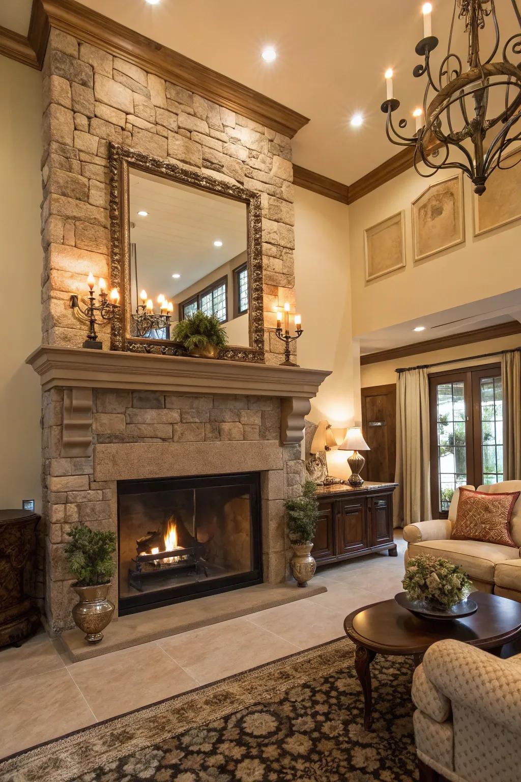 An elegant space featuring a stone fireplace and a large mirror enhancing the room.