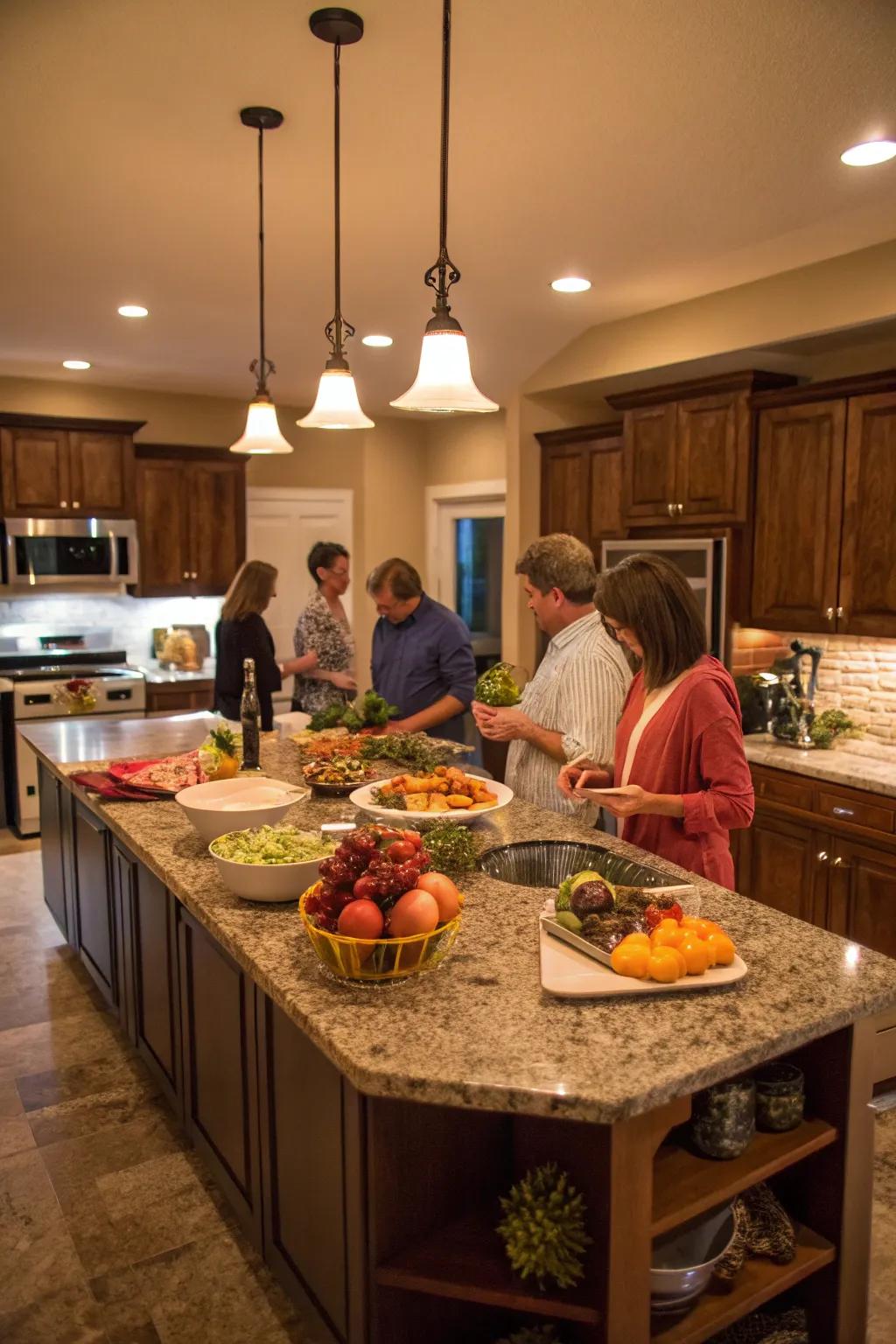 A stone kitchen island serving as the central gathering point of the home.