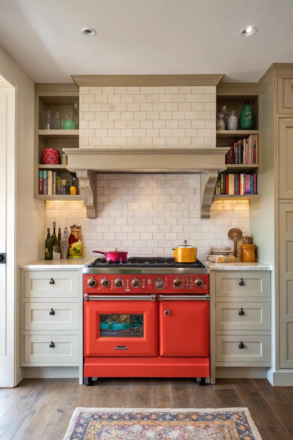 A vibrant stove alcove with a pop of color, adding energy and personality to the kitchen.