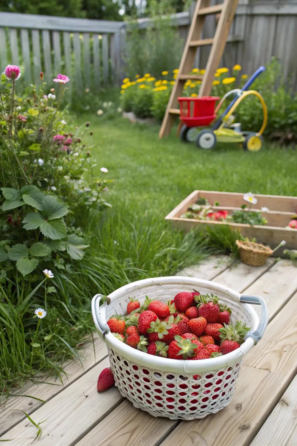 Strawberries thriving in a unique laundry basket planter.