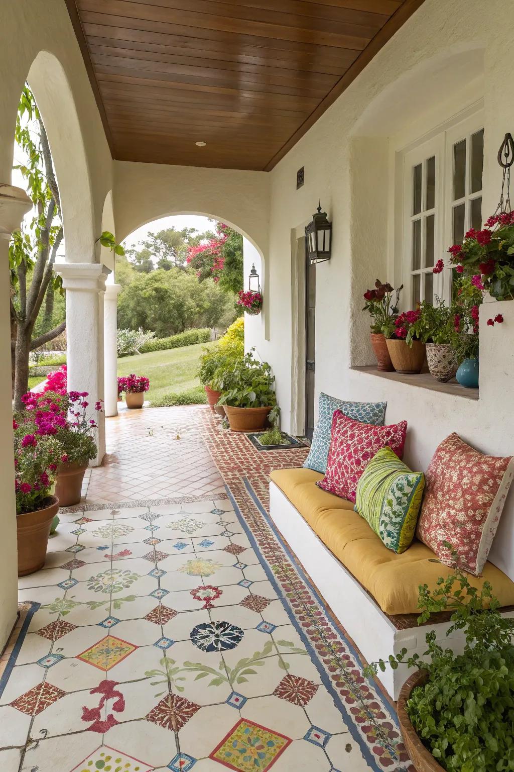 This stucco porch is given a whimsical touch by the use of vibrant tile patterns.