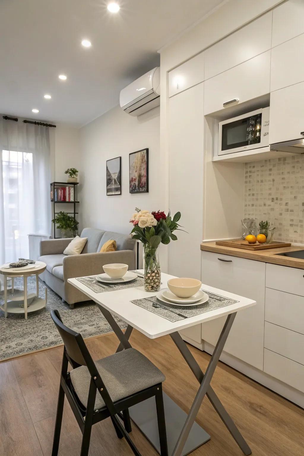 A fold-down table maximizes kitchen efficiency and space.