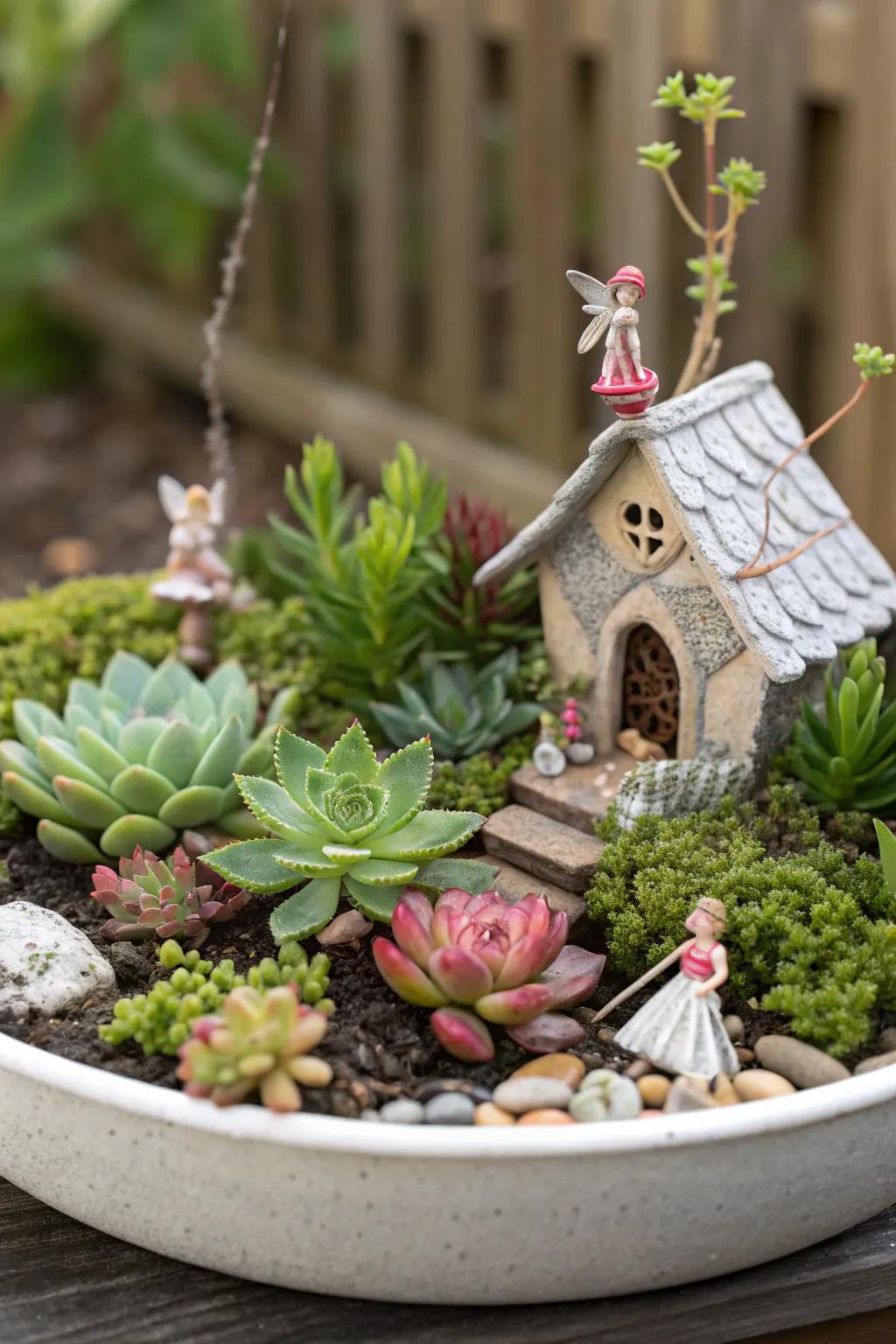 A delightful enchanted micro-garden made with succulents and charming miniatures.