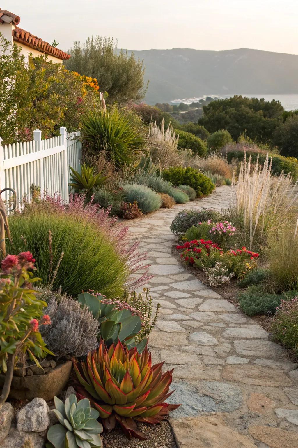 A Mediterranean garden with succulents, herbs, and ornamental grasses.