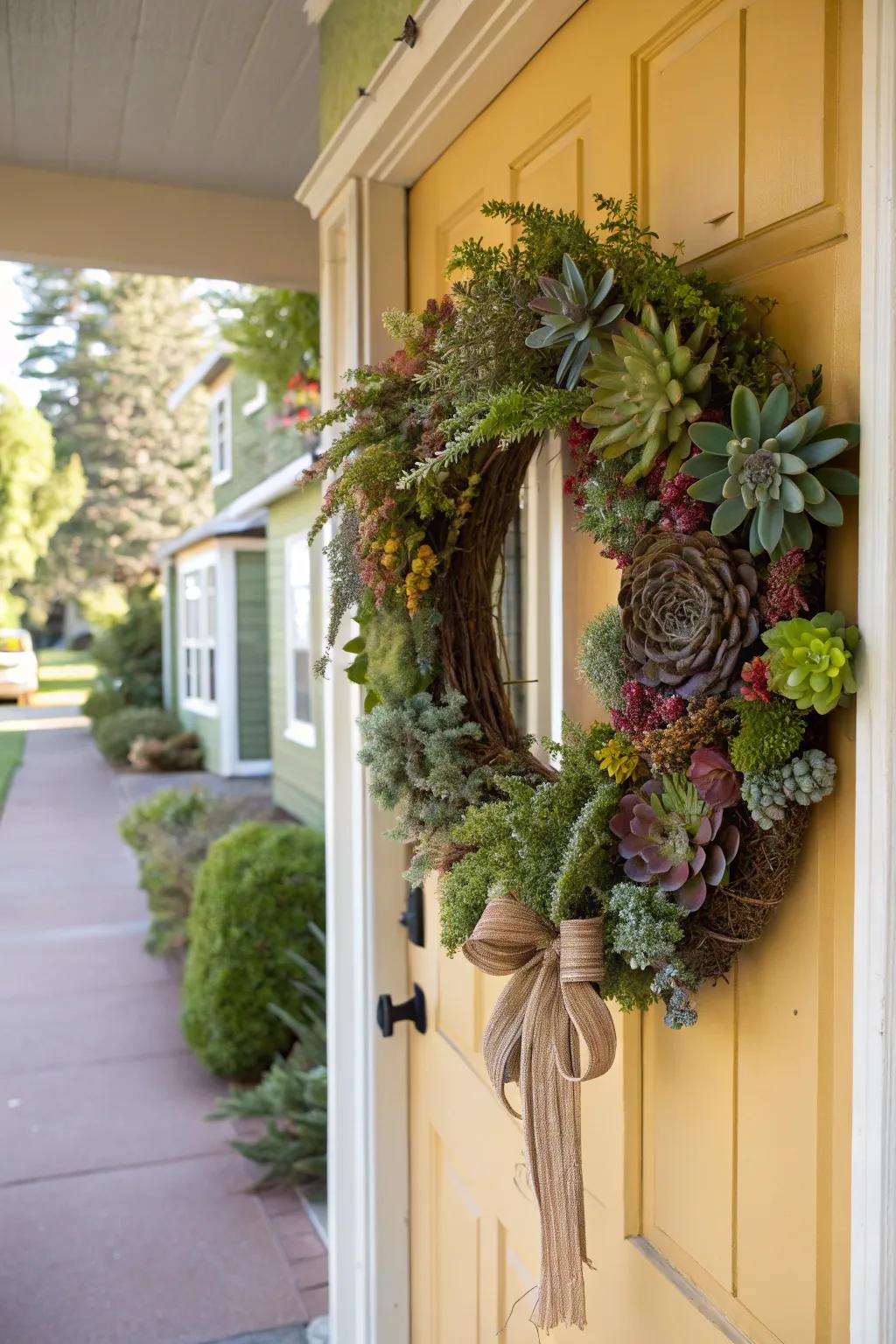 A succulent wreath offers a fresh, lasting welcome to your home.