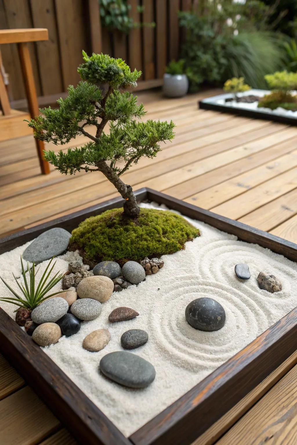 Compact Tranquil garden featuring bonsai