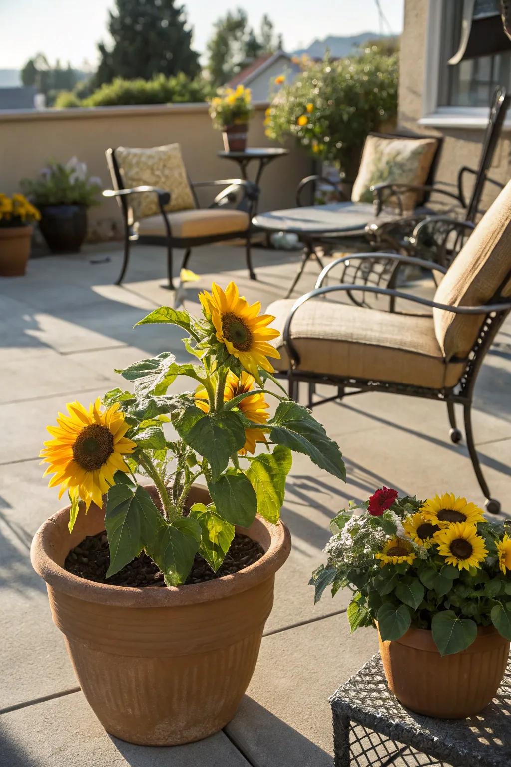Brighten your patio with potted sunflowers.