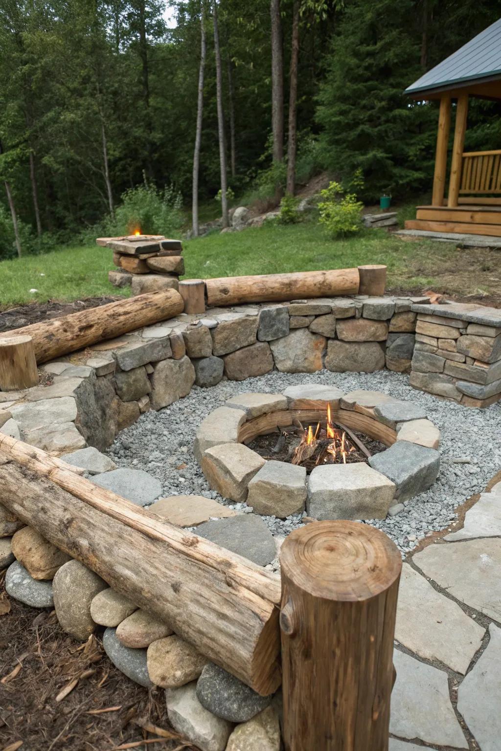Rock and wood integrate for a distinctive below-ground fire pit.