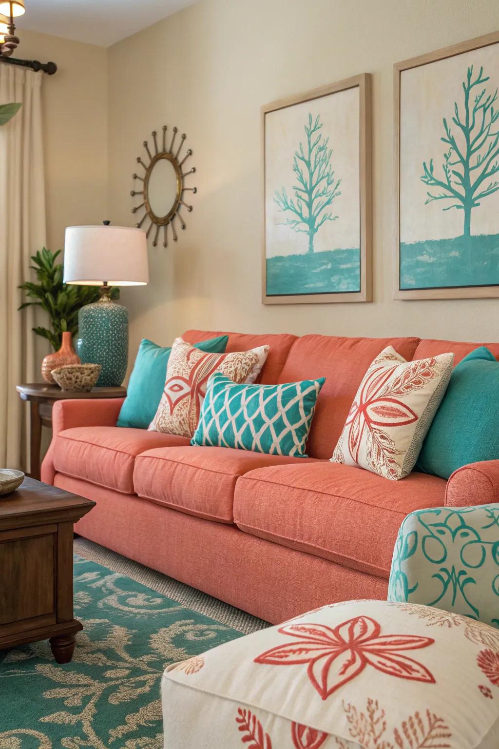 A pop of coral adds an exciting element to teal and beige.