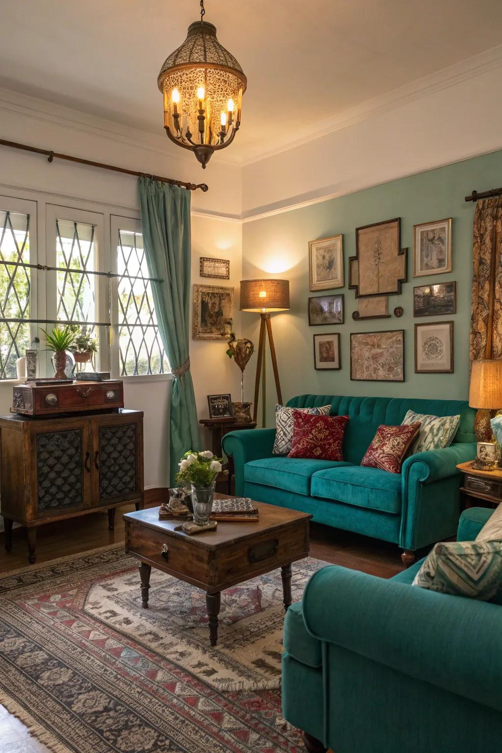 Teal and vintage decor create a charming, eclectic mix in this cozy space.