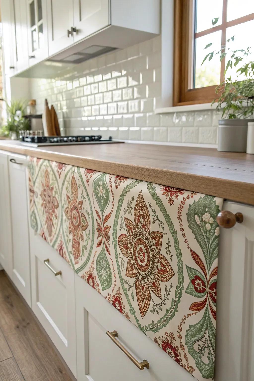 Transform your kitchen with a touch of boho elegance using a fabric backsplash—where craftsmanship meets bold simplicity.