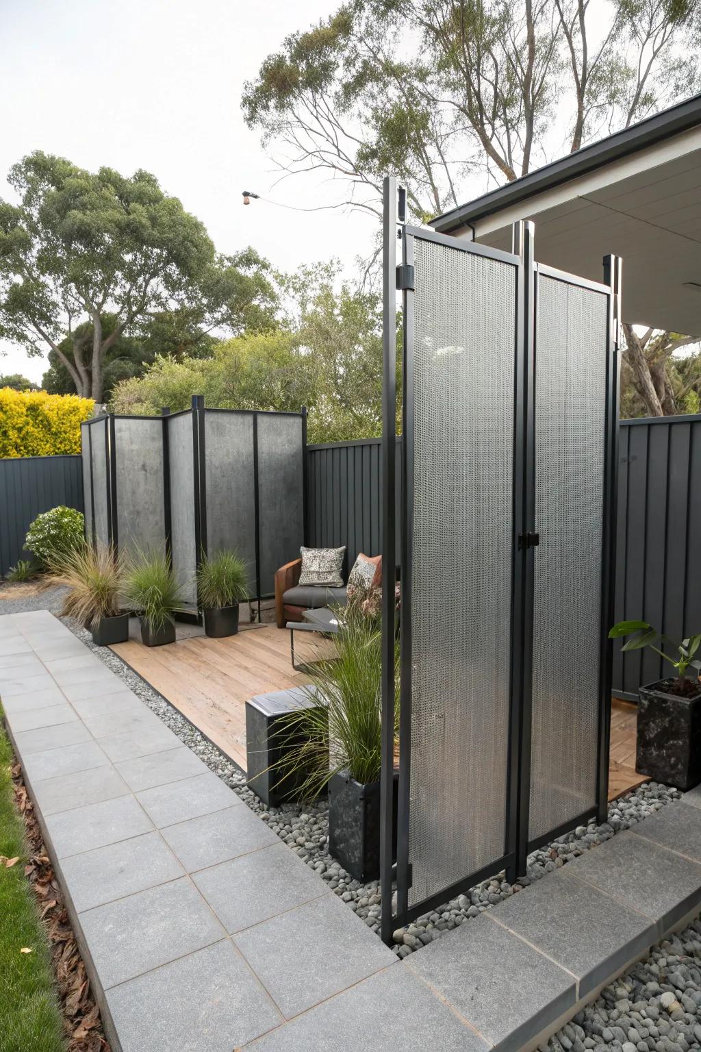 Steel screen partitions add an artistic touch to privacy solutions.