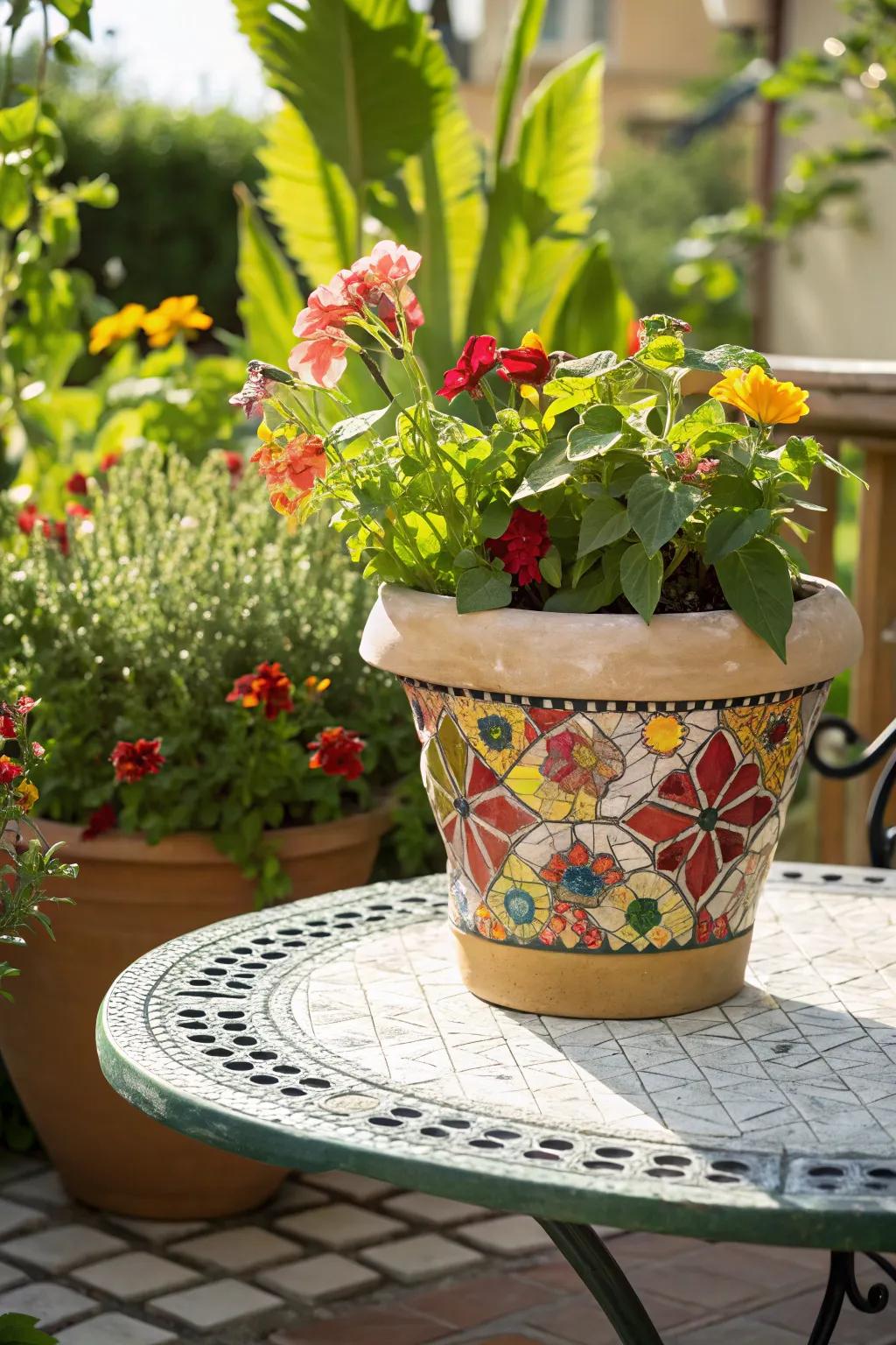 Mosaic tiles transform your pot into a piece of art.