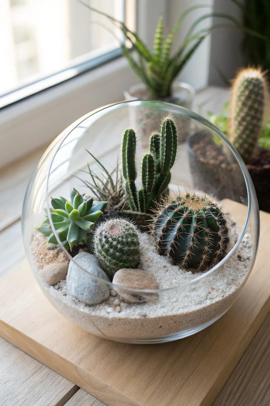 Bring a desert oasis to your home with this chic cactus terrarium, perfect for a minimalist touch.